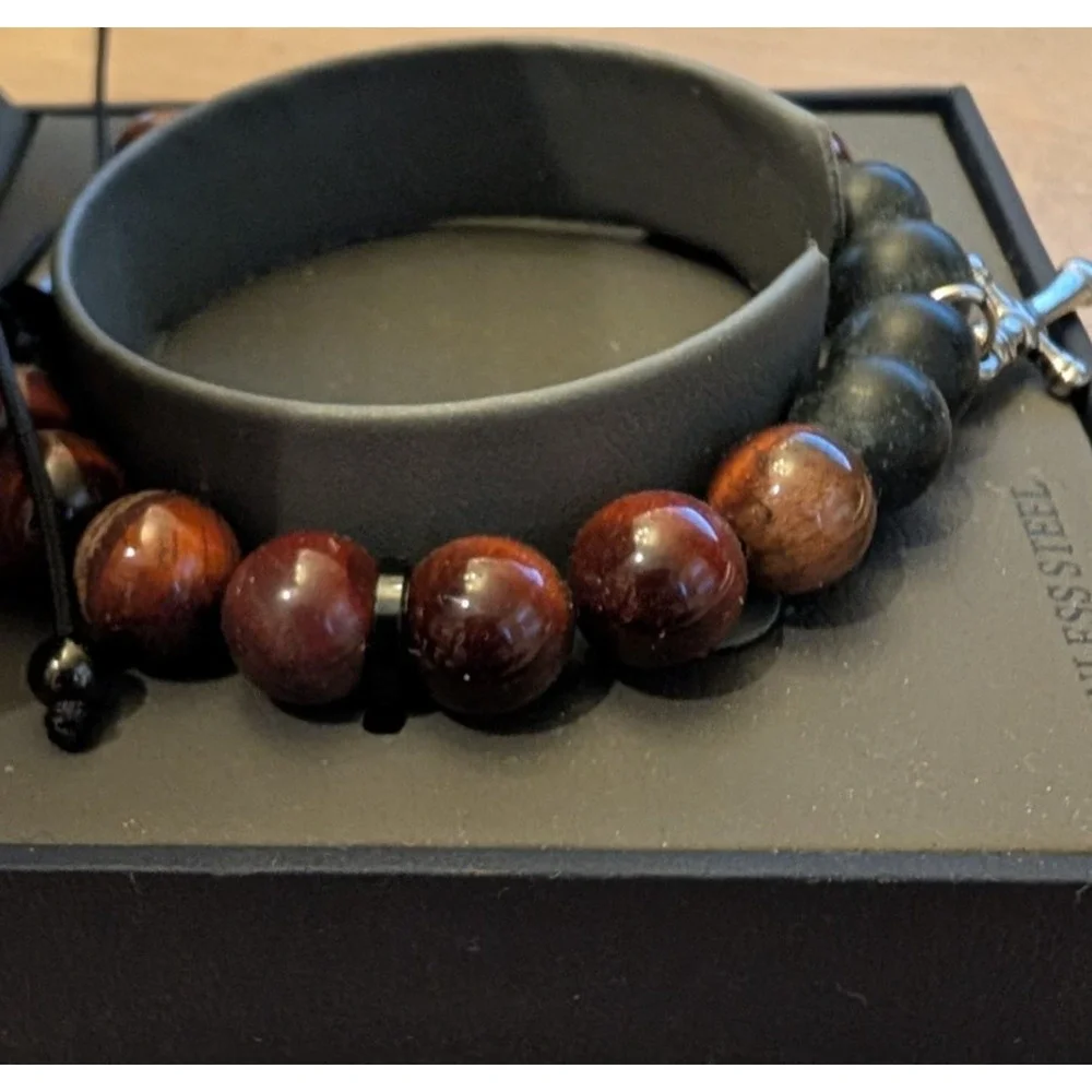 Structure Black & Brown‎ Tigers Eye Bead Bracelet w/ Stainless Steel Cross NEW
